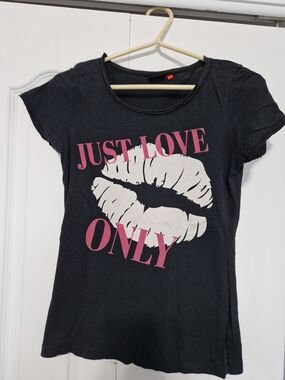 Just Love Only Graphic Tee - Black with White & Pink Print - Size S